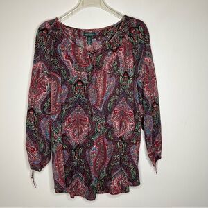 LRL Lauren Jeans Co Paisley Print 3/4 Sleeve Blouse with Tie at Neck Size XL